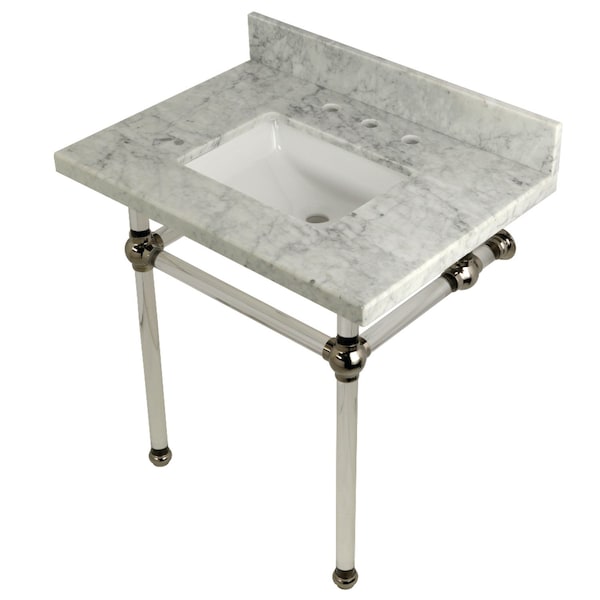 Kingston Brass 30" x 22" Carrara Marble Vanity Top with Clear Acrylic Console Legs, Carrara Marble/Polished Nickel KVPB3030MASQ6 - main